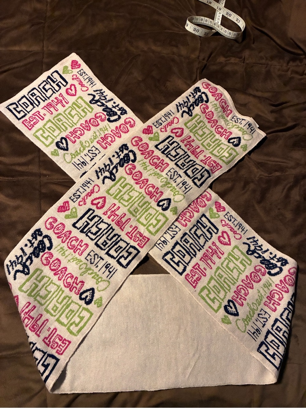Coach White Scarf with Neon Pink,Lime Green Logo Print,wool blend, warm and soft